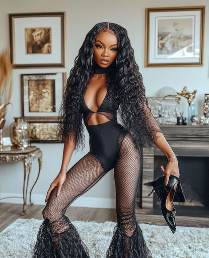 African American hair weave model with long hair and glam makeup