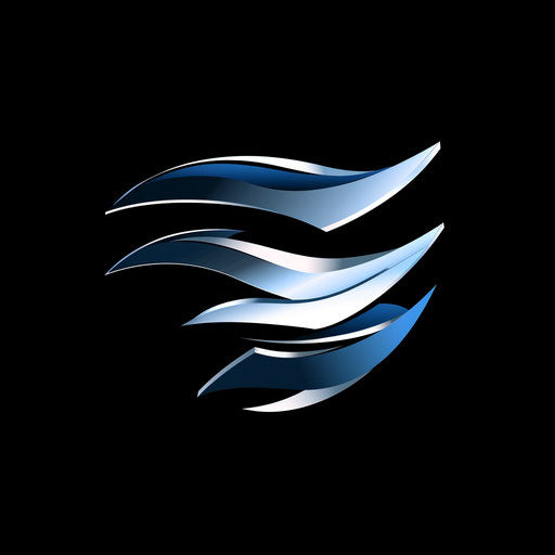 Stylized logo design art in blue and white against sleek black background