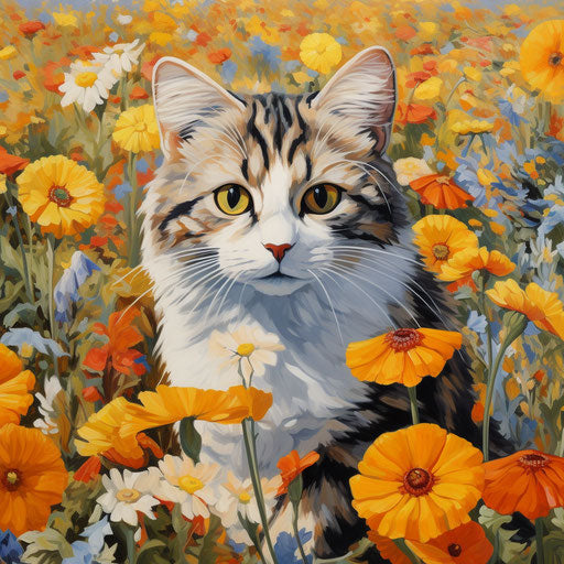 Manx cat in a field of flowers