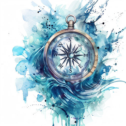 Pirate compass surrounded by stormy waves in watercolor