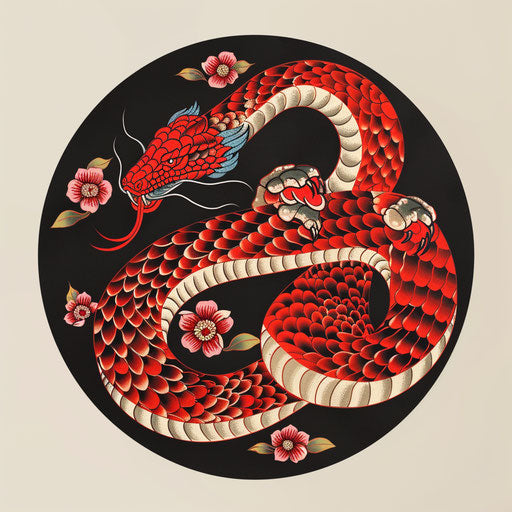 Playful flat tattoo sketch of a red snake chasing its own tail, circular design in bright reds, clipart style