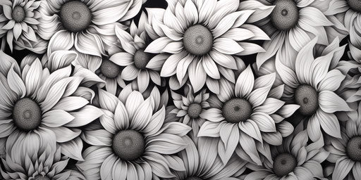 Black and white sunflower pattern, graphite realism style