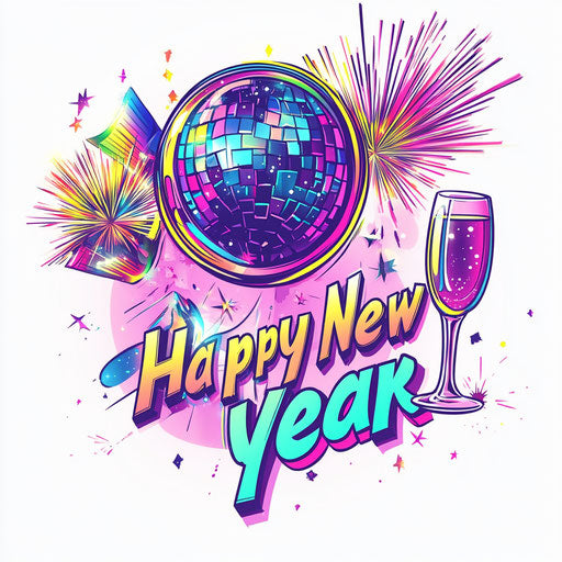 Happy New Year! Fireworks and disco ball with champagne glass