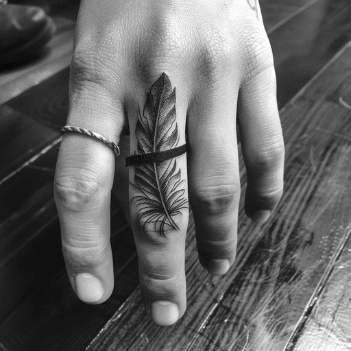 Feather ring tattoo on finger
