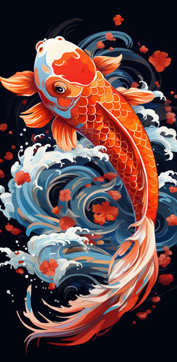 Koi fish with wave and white water, colorful drawing