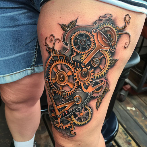 Steampunk gear thigh tattoo