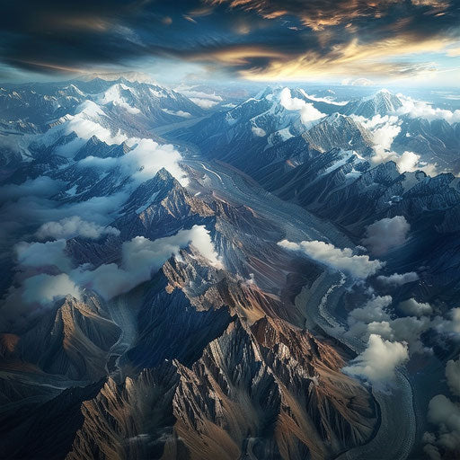 Aerial view of the Kunlun Mountains with dramatic clouds