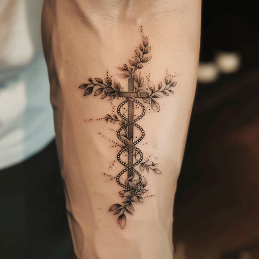Cross tattoo intertwined with DNA helix symbolizing life