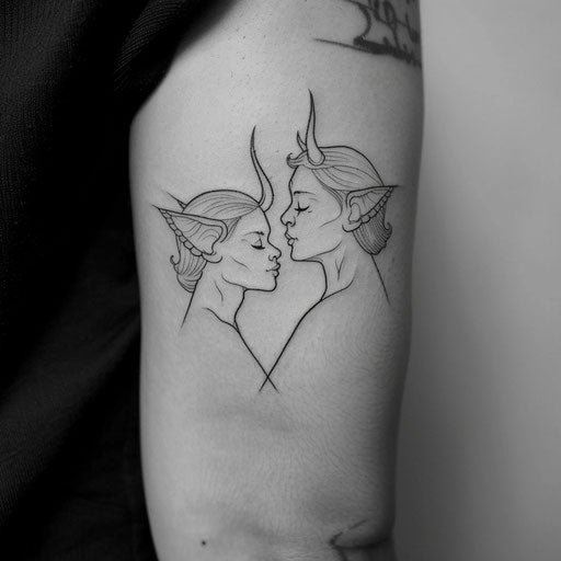 Minimalist flat tattoo sketch of an angel whispering to a devil