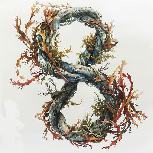 Sailing knot intertwined with seaweed and coral, symbolizing strength and resilience, ocean tattoo