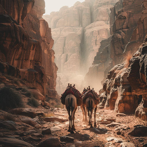Camels navigating a rocky desert terrain
