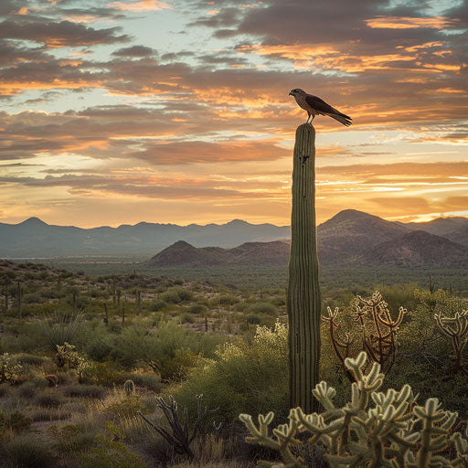 Desert sunset with swallow-tailed kite perched on cactus