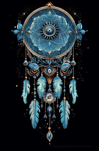 Dream catcher, dark sky-blue and black style, luxurious wall hangings, sgraffito, cloisonnism, curvilinear forms, cartoonish motifs, dye-transfer 25:38