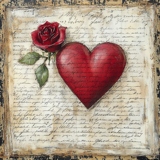 Valentine's Day wall art with red heart and rose on vintage love letters
