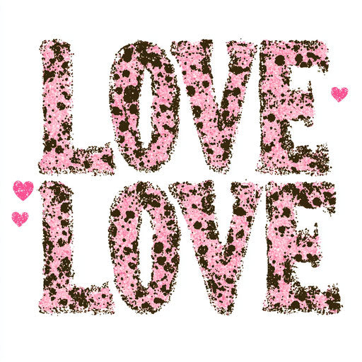 Leopard print design with pink glitter text ''LOVE'' and heart clip art on white background
