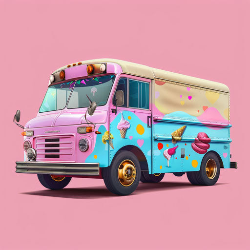 Ice cream truck clipart in realistic style with flat random color background