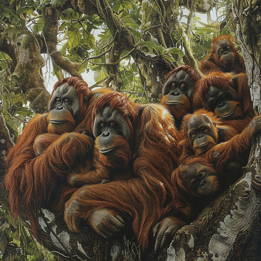 Tapanuli orangutan family resting in a large tree