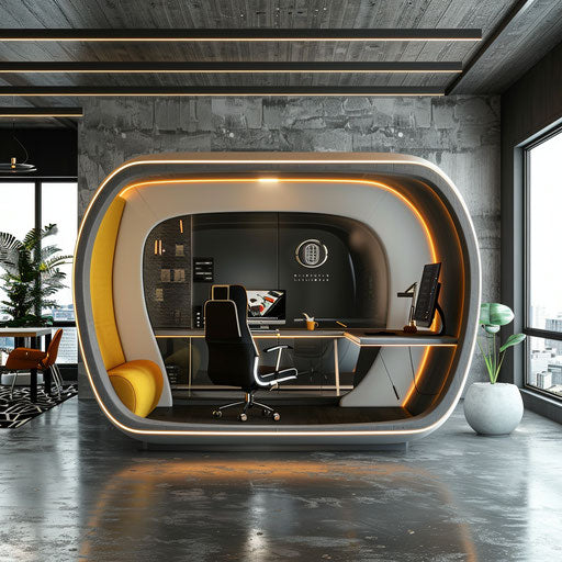 Futuristic fintech company office with innovative technology and modern decor