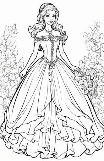 Princess coloring page with long dress, comic art style