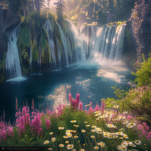 Burney Falls, California, blooming spring, William Patino style