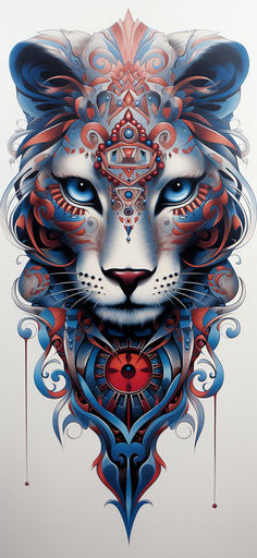 Tattoo with cheetah in light red and blue, fine details