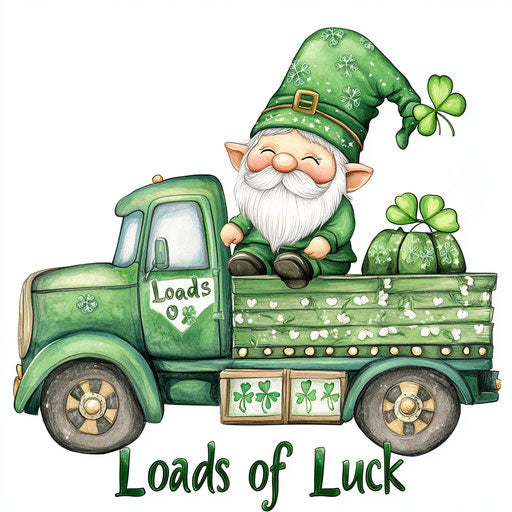 St. Patrick's Day gnome in a green truck with a four-leaf clover and the text 'Loads of Luck' Clipart on white background, ready for background removal
