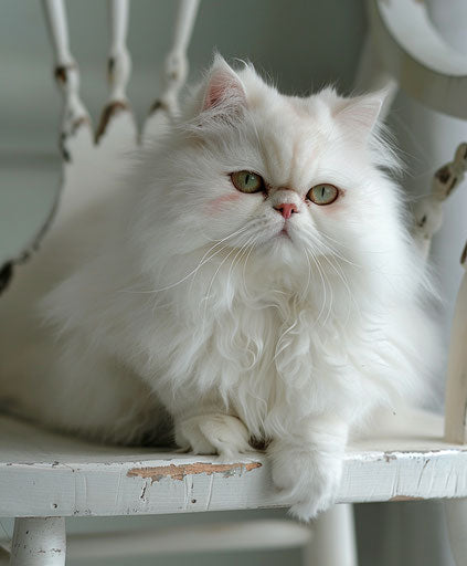 White cat on white chair, style of light pink and light green