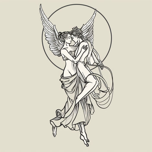 Elegant tattoo sketch in flat style, an angel and devil dancing
