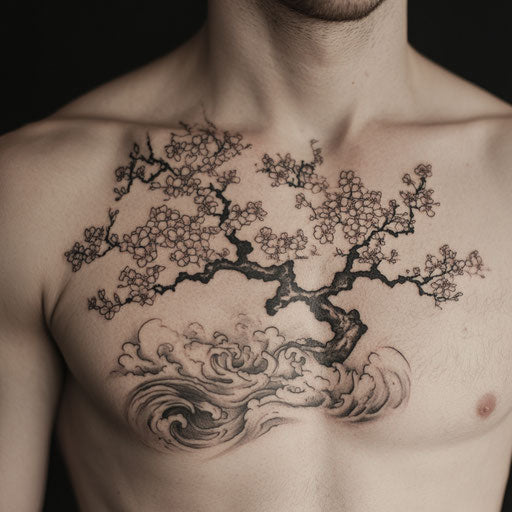 Flowering tree tattoo in the style of Guy Aitchison with abstract waves and clouds on the chest