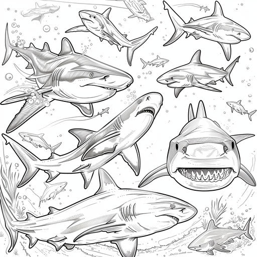 Mixed sharks swimming together. Coloring book page