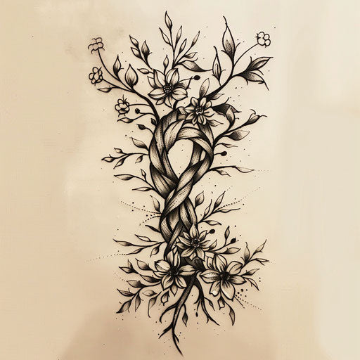 Elegant flat tattoo sketch of intertwined roots with delicate floral accents