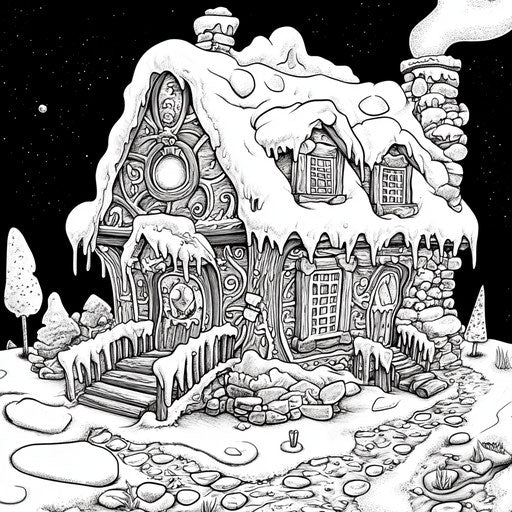 Dynamic gingerbread house with action-packed details, Mike Zeck style, Coloring book page.