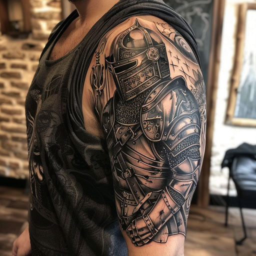 Medieval knights arm tattoo in Adrian Smith style