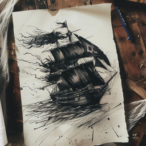 Black flag blowing on wooden ship deck