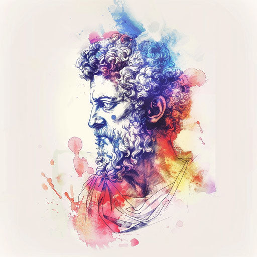Artistic flat tattoo sketch of Marcus Aurelius with watercolor splashes symbolizing his thoughts