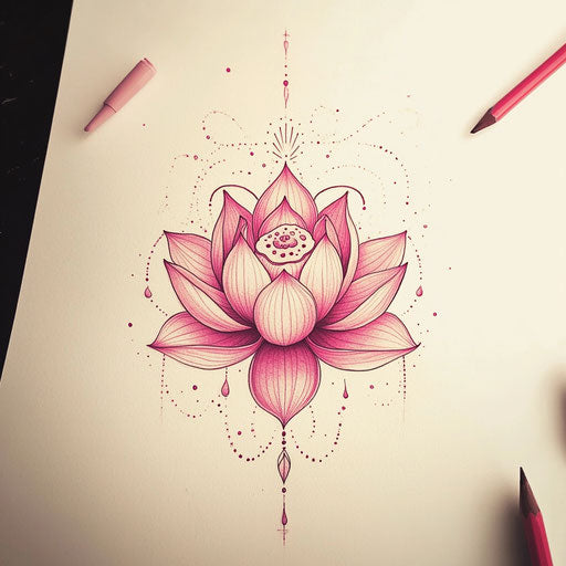 Lotus flower tattoo sketch in pink with delicate linework