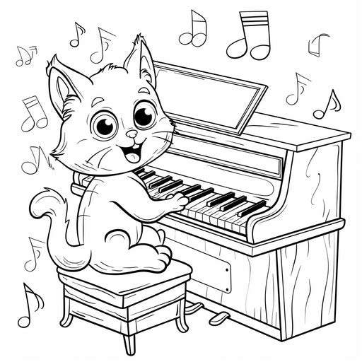 Cartoon cat playing piano surrounded by musical notes