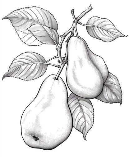 Black and white pears on a coloring page, carving style, captivating 25:31