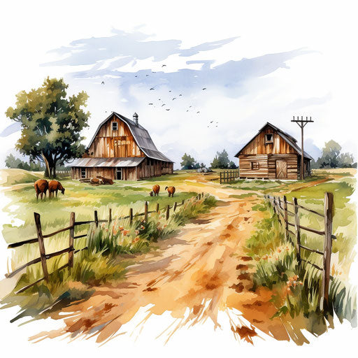 Farm illustration in the style of Oil painting, on white background