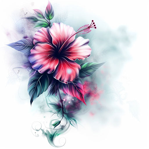 Fantasy hibiscus tattoo design on mystical white fog background