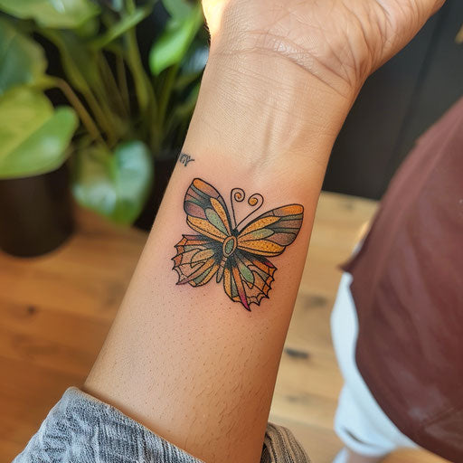 Butterfly wrist tattoo in the style of Humberto Ramos