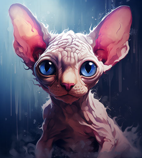 The cute sphynx cat with big blue eyes in light maroon and light black style