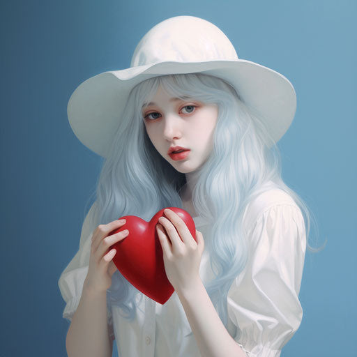 Girl in white hat holding a heart, Shige's visual aesthetic style