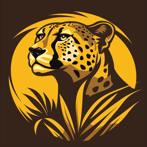 Bold cheetah sports logo in yellow and brown, with a jungle background