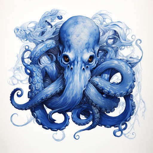 Octopus portrait with blue sash, clean sharp inking style