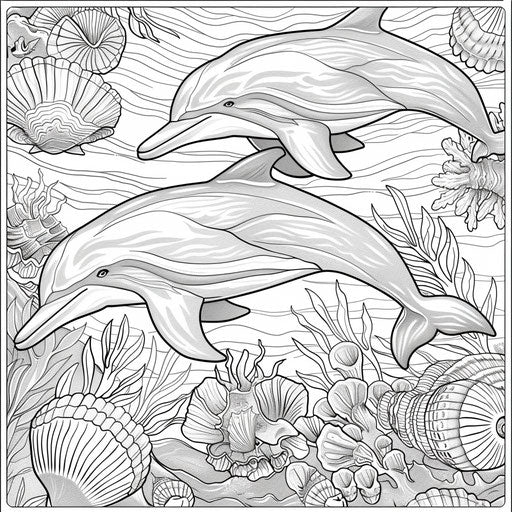 Dolphins with seashells in the style of Teagan White