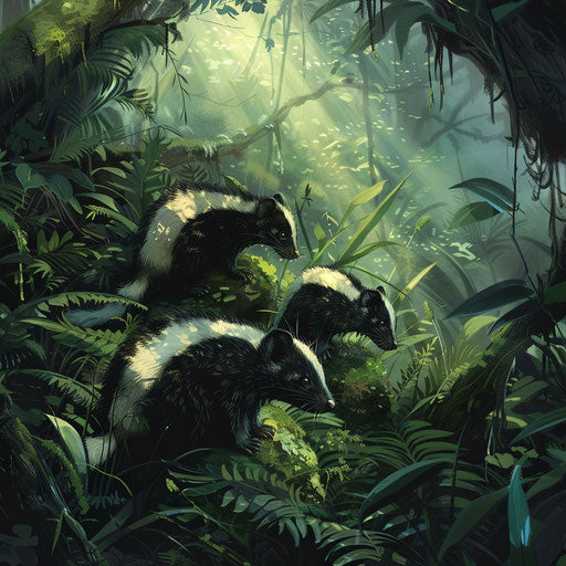 Family of eastern spotted skunks foraging in lush forest at early morning