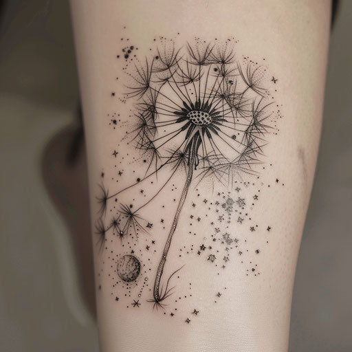 Dandelion tattoo with space elements, stars, galaxies