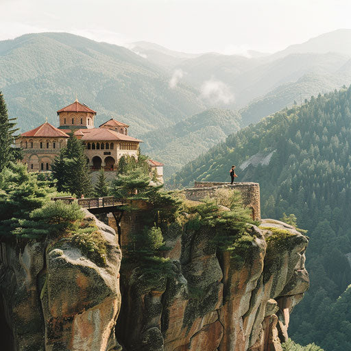 Rila Monastery with adventurer on cliff edge, expansive view, Chris Burkard style