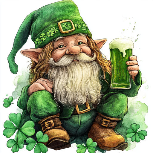 St. Patrick's Day gnome with green beer and clovers, digital art